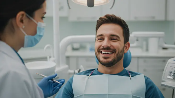 Homem na cadeira de dentista sorrindo