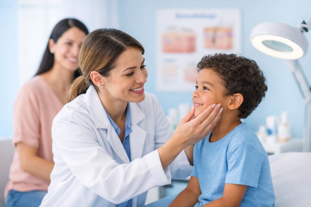 Atendimento pediátrico com profissional avaliando uma criança.