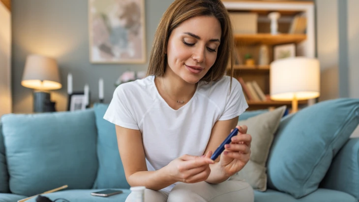Mulher sentada no sofá furando o dedo para fazer o teste da diabetes