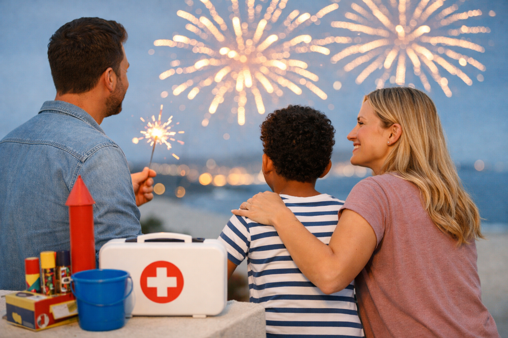 Família celebrando Ano Novo vendo fogos de artifício e mantendo distância segura.